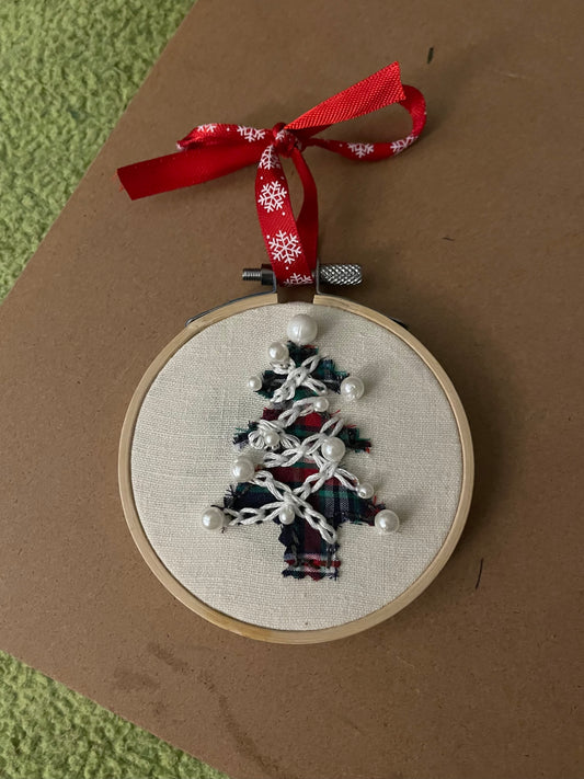 Plaid Tree + Pearl Upcycled Ornament (OOAK)