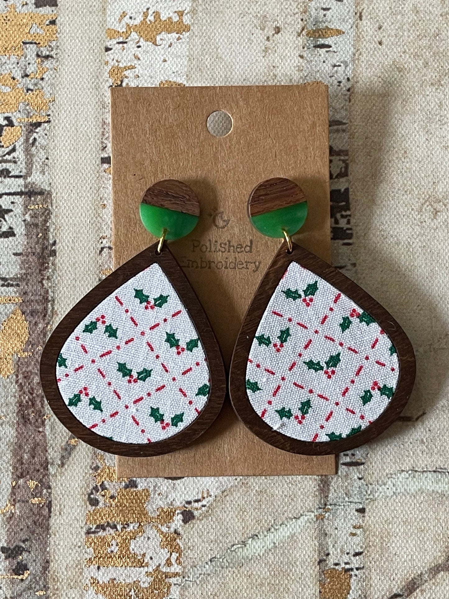 The Holly | OOAK Walnut Teardrop Fabric Scrap Earrings